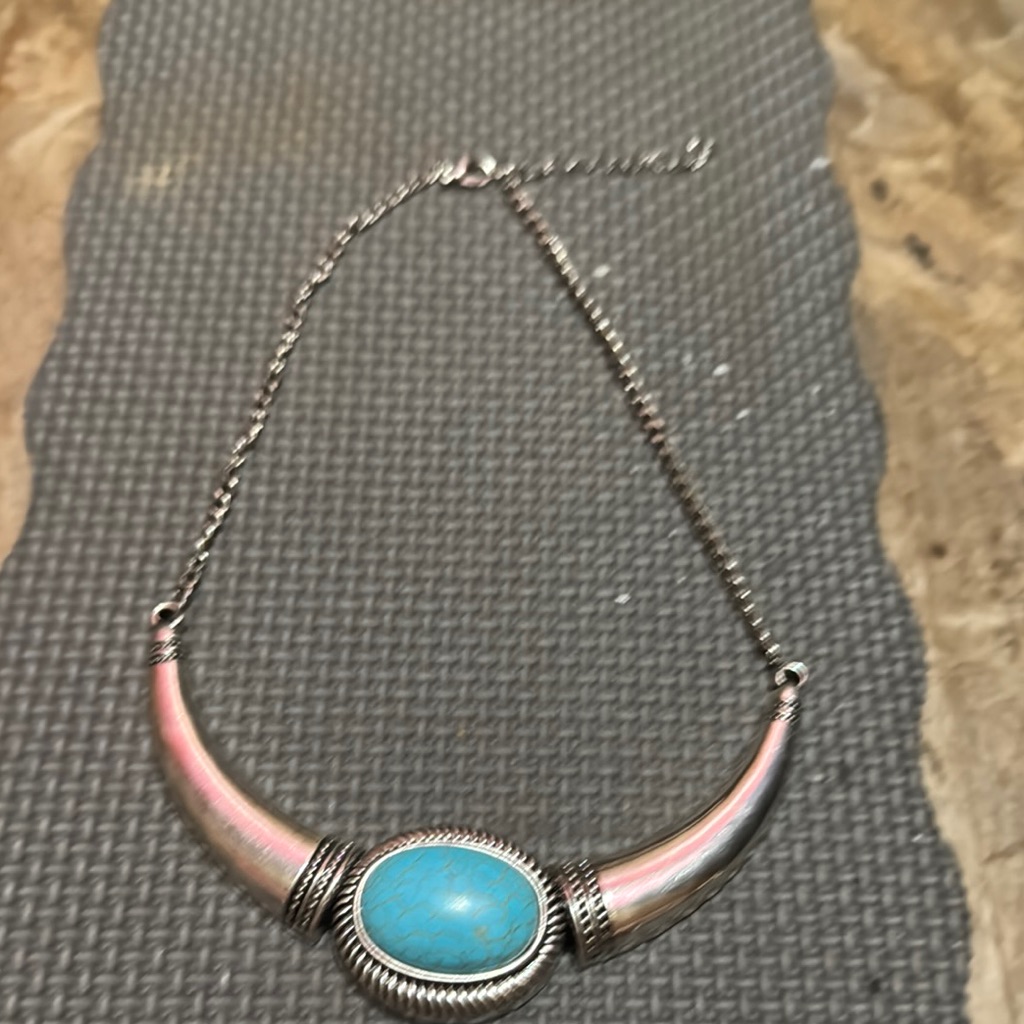 Silver Tone And Real Turquoise Necklace